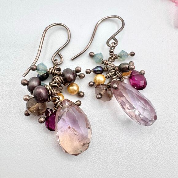 Amethyst Pearl Mixed Gemstone Silver Cha Cha Dangle Earrings Tested Boho Fun - Picture 3 of 10